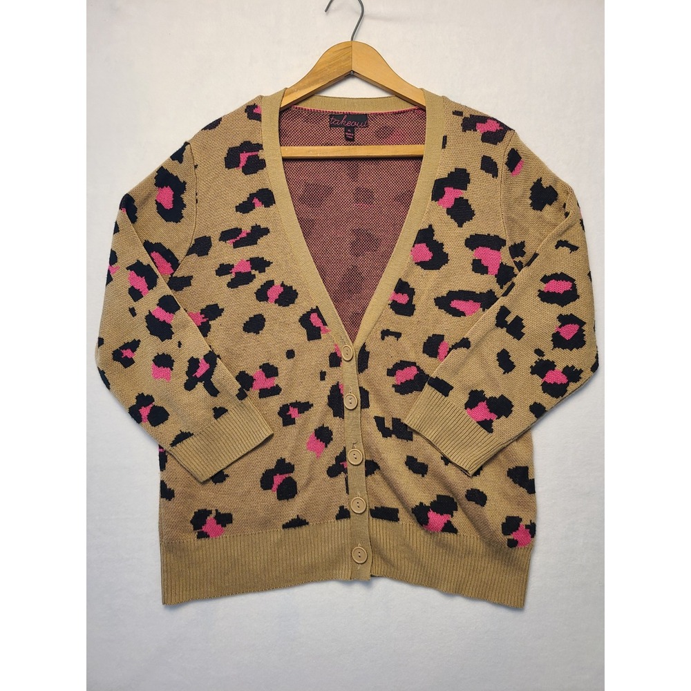 Takeout Cardigan Sweater Wm XL Tan Pink Leopard Print Button Front V-Neck Glam